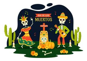 dia Delaware los muertos vector ilustración con día de el muerto, jugar música, esqueleto en mexicano disfraces y sombrero en plano dibujos animados antecedentes