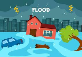 inundaciones vector ilustración de el tormenta causado estragos y inundado el ciudad con casas y carros hundimiento en plano dibujos animados antecedentes plantillas