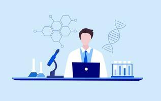 profesional científicos y químico investigador trabajando y análisis en laboratorio experimentar vector ilustración. médico laboratorio, investigación experimentar biología molecular concepto.