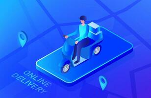 Delivery service concept, delivery man riding motorbike to delivery stuffs for customer with gps navigation on mobile location  vector illustration