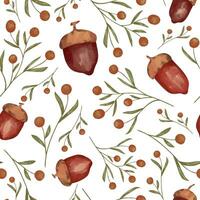 Watercolor autumn seamless pattern. Acorn background vector