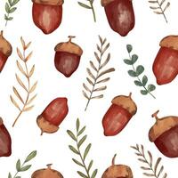 Watercolor autumn seamless pattern. Acorn background vector