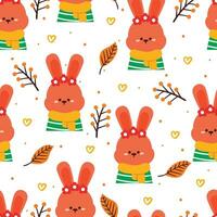 seamless pattern cartoon bunny, leaves and autumn vibes element. cute autumn wallpaper for holiday. design for fabric, flat design, gift wrap paper vector