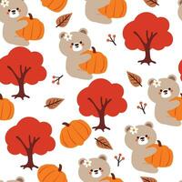 sin costura modelo dibujos animados oso, hojas y otoño vibraciones elemento. linda otoño fondo de pantalla para día festivo. diseño para tela, plano diseño, regalo envolver papel vector