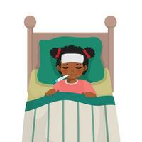 enfermo pequeño africano niña tiene alto fiebre gripe y frío acostado en cama con termómetro en su boca vector