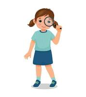 Cute little girl looking through magnifying glass vector