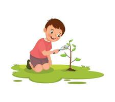 Cute little boy holding magnifying glass looking at ladybug on the plant vector