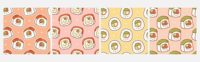 Collection of seamless pattern with cartoon kawaii sushi roll. Vector cute anime prints for phone case, backgrounds, fashion, wrapping paper and textile