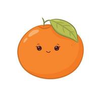 Funny orange with green leaf in kawaii style. Character with happy and cute face. Vector illustration isolated on white background