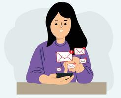 woman checking email inbox serves alert notifications for internet security, guarding against spam, viruses, and compromised data. Cautionary measures ensure protection from junk and trash mail vector