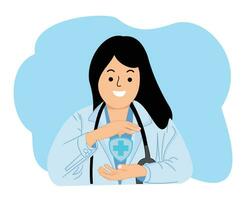 female doctor holding plus sign for treatment hospital and clinic service or health care and medical concept vector