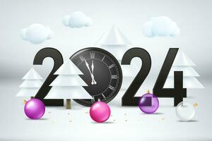 Happy new 2024 year illustration. Composition with digits, clock, pines and baubles. 3d vector illustration