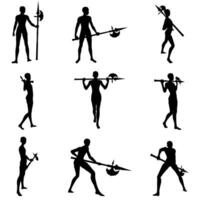 Bundle pose of man using spear ax silhouette art style series 2 vector