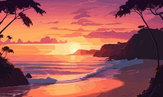 Beautiful sunset on the beach. Vector illustration for free download