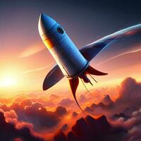 3d cartoon style minimal spaceship rocket icon. Toy rocket upswing ,spewing smoke. Startup, space, business concept. photo