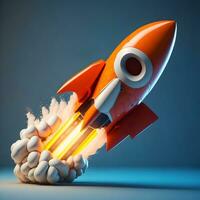 3d cartoon style minimal spaceship rocket icon. Toy rocket upswing ,spewing smoke. Startup, space, business concept. photo