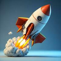 3d cartoon style minimal spaceship rocket icon. Toy rocket upswing ,spewing smoke. Startup, space, business concept. photo