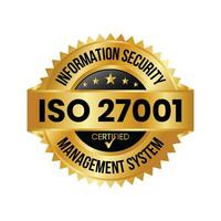 Yo asi 27001 certificado Insignia o información seguridad administración sistema, Yo asi 27001 vector icono, caucho estampilla, sello, etiqueta, emblema, con cheque marca, lustroso y dorado Insignia vector ilustración