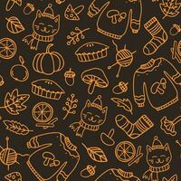 Autumn decorative seamless pattern with doodle elements on light yellow background. Cozy hygge autumn season vibe print on dark background vector