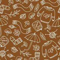 Decorative cozy hygge autumn seamless pattern with white line doodle. Cute autumn seamless pattern, background or print with different autumn season clothes vector