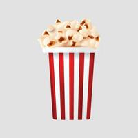 Vector white and red striped bucket of popcorn kernels close up side view isolated on gray background