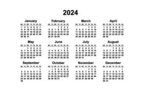 2024 Monday Start Horizontal Black and White Calendar Template, Simple layout of pocket or wall calenders. Yearly Stationery organizer in minimal design vector