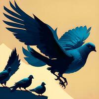flying blue pigeons 3D with squabs. photo