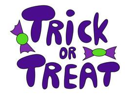 Trick or Treat lettering design with candies on white background. Halloween text. Vector flat illustration.