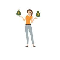 Woman holding money bags, money concept vector illustration