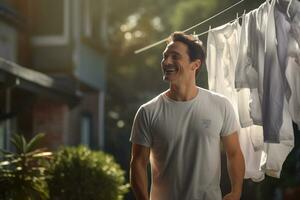 A man happily hangs his clothes at home photo