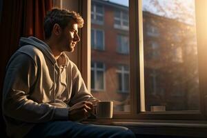 Man happily drinking coffee by the window photo