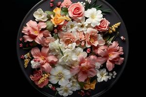 the bouquet of flowers has been arranged on the plate photo