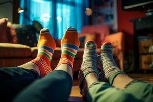 Couple watching tv happily at home and wearing socks photo