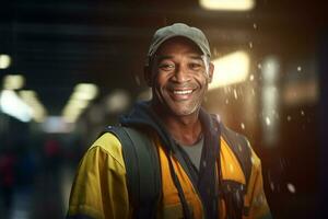 happy male janitor is standing professionally photo