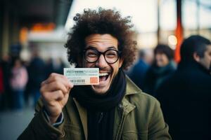 Attractive man showing movie ticket photo