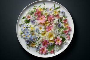 the bouquet of flowers has been arranged on the plate photo