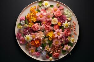 the bouquet of flowers has been arranged on the plate photo