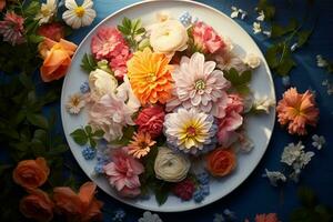 the bouquet of flowers has been arranged on the plate photo