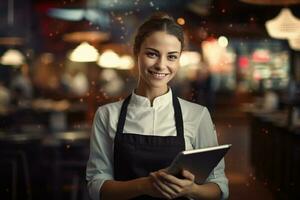 Female chef holding a tablet to welcome customers photo