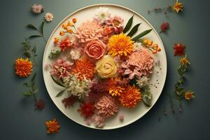 the bouquet of flowers has been arranged on the plate photo