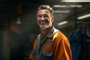 happy male janitor is standing professionally photo