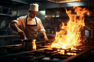 cocinero es Cocinando en el cocina con un fritura pan en fuego foto