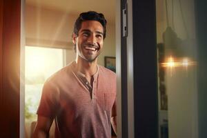 Happy man opens door to welcome neighbor photo