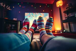 Couple watching tv happily at home and wearing socks photo