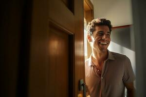 Happy man opens door to welcome neighbor photo