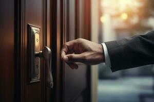 Disparo de un empresario mano apertura un puerta foto