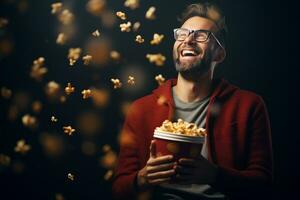 Happy man with popcorn bucket at party photo