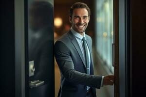 Happy man opens door to welcome neighbor photo