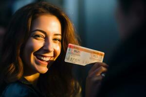 Attractive woman showing movie ticket photo