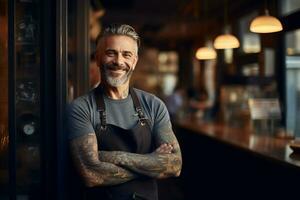 Male barista with tattoo standing in coffee shop photo